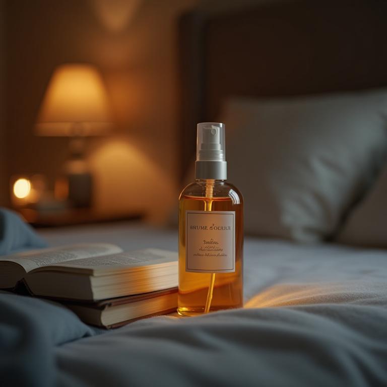 Flacon vaporisateur ambré sur une table de chevet à côté d'un livre.