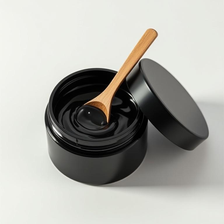 Pot de masque noir au charbon avec une spatule en bois.