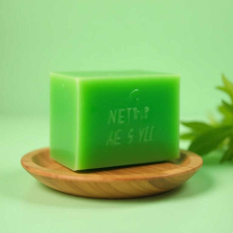 Un shampoing solide de couleur verte posé sur un porte-savon en bois.